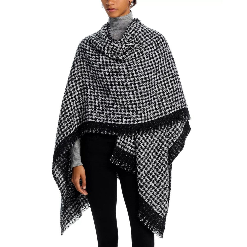 AQUA Women's Houndstooth Ruana Poncho Cape Fringed edges Black & Grey One Size